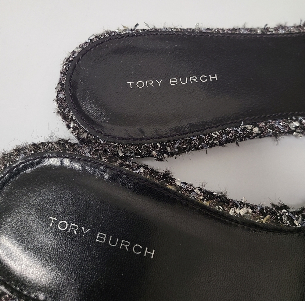 Tory Burch Eleanor Slide Sandals Pavé Logo Silver Confetti/Perfect Black Sz 8 - Picture 6 of 14